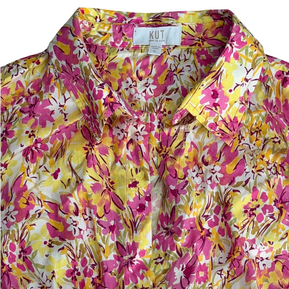 KUT from the Kloth Floral Sleeveless Twist Front Blouse Pink Yellow XL - Picture 5 of 8